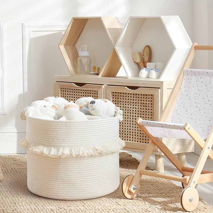 CherryNow 45L Woven Rope Baby Basket with Tassel, 16" x 13", Off-White | Decorative Boho Laundry Basket for Blankets & Towels Storage, Fits Living Room & Nuesery Home Decor, with Knotted Handles