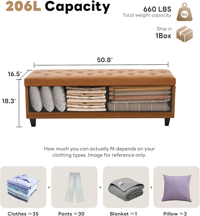 Tbfit 50.8" Large Storage Ottoman Bench with Button-Tufted Top, Blue PU Faux Leather End of Bed Chest with Safety Hinge and Rivets for Bedroom, Living Room (Camel PU)