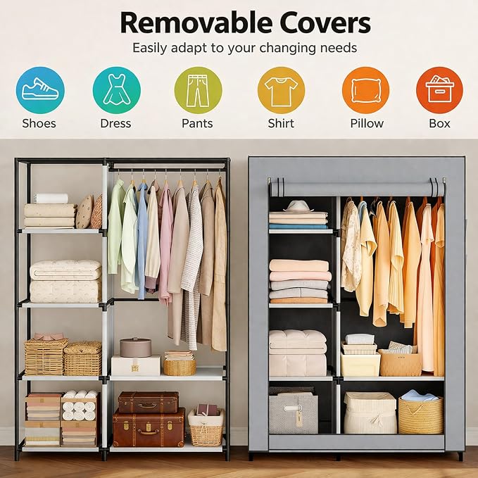 Simple Deluxe Wardrobe with lid, Clothes Rack for Hanging Clothes, 40.7"W x 17.5"D x 64.2"H Garment Rack，Max Load 143LBS，Black Rack with Gray Cover