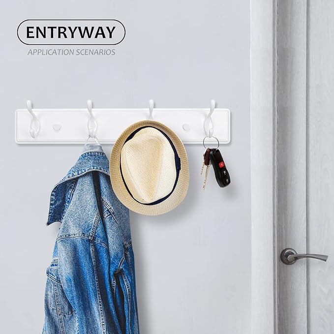 Badiano Wooden Coat Rack, Wall-Mounted Organizer for Closet, Entryway, Hallway, Foyer, Bedroom, Heavy Duty Double Hooks for Hanging Towels, Bags, Hats, Jackets, Key (White, 4 Hooks)