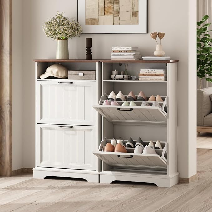 24" W Hidden Shoe Storage Cabinet with 2 Flip Drawers & Open Storage | Farmhouse Modern Shoes Rack Cabinet,Adjustable Shelves, Narrow Slim Shoes Organizer for Entryway,Foyer,Hallway,Antique White
