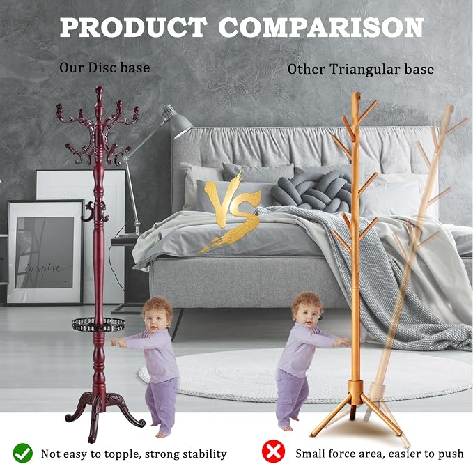 Coat Racks FreeStanding with 14 Hooks, Natural Wood Coat Rack with Solid Round Base, Adjustable Height Coat Racks, Easy Assembly for Hallway, Bedroom and Office (Reddish brown-Tray)