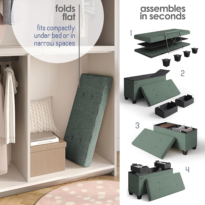 Storage Ottoman Bench with Bins, 30-in Storage Bench for Bedroom End of Bed, Folding Foot Rest Ottoman for Living Room Max 660lbs, Fabric Ottomans, Green