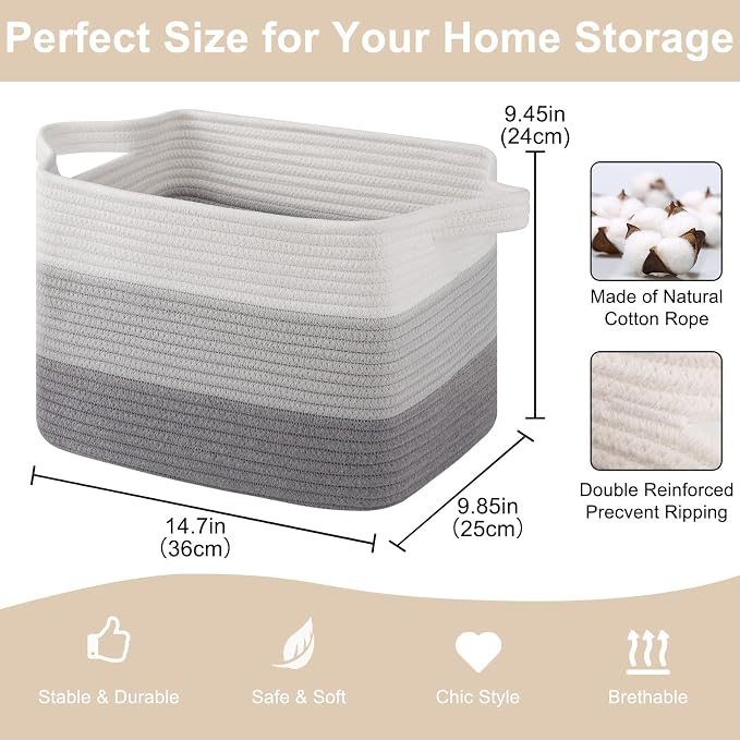 OIASKET Storage Baskets for Organizing, Woven Baskets for Shelves, Rectangle Decorative Organizer for Storage Clothes, Toy, Books, Towels Nursery Bins 3 Pack (Gradient Grey, 14.17"x9.85"x9.45")
