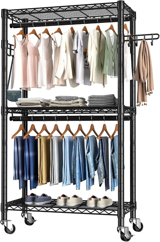Golpart Heavy Duty Rolling Clothes Rack Wheels Portable Metal Garment Rack | Wardrobe Adjustable Wire Shelving Metal Double Clothing Racks for Hanging Clothes Organizer Closet Laundry Room Organization