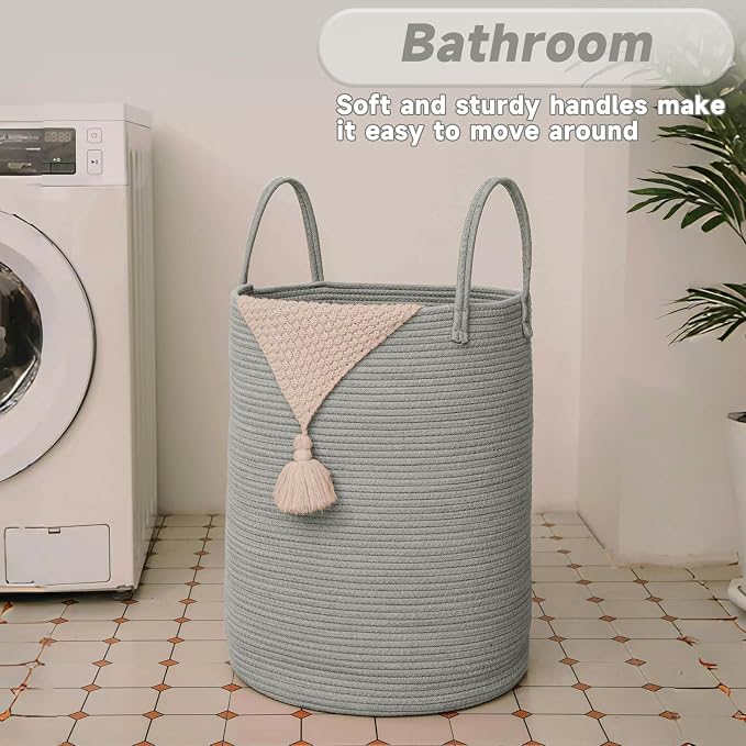 JMvicyroam 60L Cotton Rope Laundry Basket Hamper, Grey | Collapsible laundry basket, reinforced handles, freestanding, machine washable, holds 3-5 thick blankets, clothes or toys
