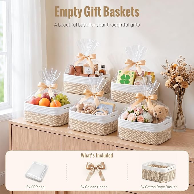 5 Pack Small Woven Storage Baskets for Shelves, Cotton Rope Baskets Organizer for Bathroom, Closet & Nursery, Decorative Storage Bins for Organizing Socks, Toys, 11.8"x7.9"x4.7", Khaki/White