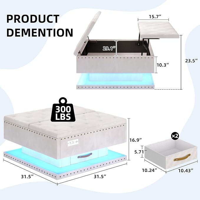 Large Square Ottoman with Storage, Square Storage Ottoman Coffee Table | Coffee Table Storage Ottoman Bench with Lift Top and Two Tier Drawers, LED Ottoman Bench with Charging Station,Beige