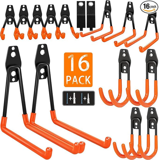 KOFANI Heavy Duty Steel Hooks-16PK Orange Wall Mount Garage Storage Hangers | Wall Hooks Geavy Duty for Hanging Bike, Ladder, Garden Tools,Broom,Hose，Anti-Slip Coating Garage Wall Organization