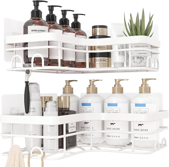 Sakugi Corner Shower Caddy - 2 Pack, Adhesive Shower Organizers, Rustproof Stainless Steel Shower Shelves with 8 Hooks, No Drilling Bathroom Organizers and Storage Racks, Space-Saving, White, X-Large