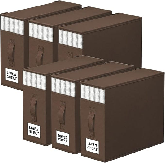 StorageTastic 6 Pack Bed Sheet Closet Organizers and Storage,Sturdy Foldable Storage Containers with Window and Label,Storage and Organization for Bedding Sheets,Duvet Covers,Blankets (Brown)
