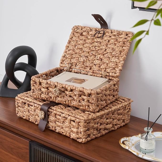 Wicker Decorative Box with Lid, Water Hyacinth Woven Basket for Shelf Display, Coffee Tables Storage Small