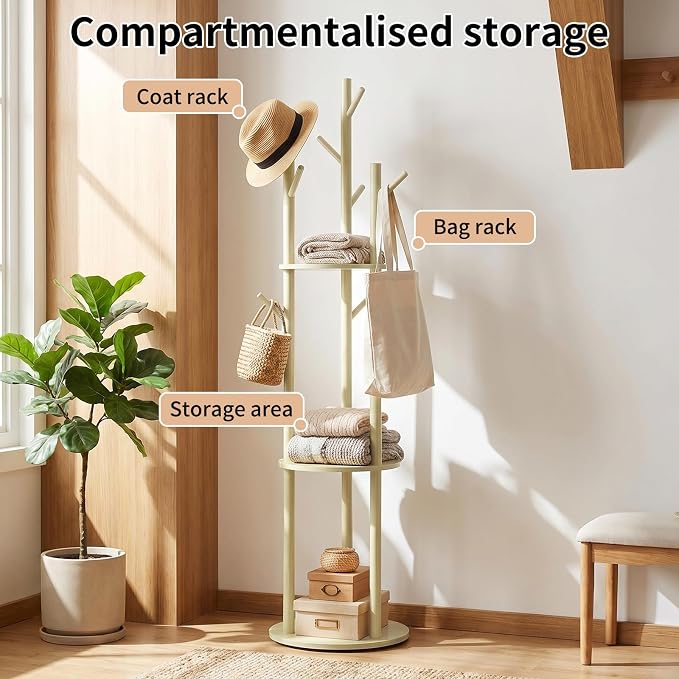 YYW Multifunctional Wood Coat Rack Stand With 9 Hooks And 3 Shelves | Free Standing Organizer For Jackets, Hats, Shoes, Perfect For Bedroom, Hallway, Small Space
