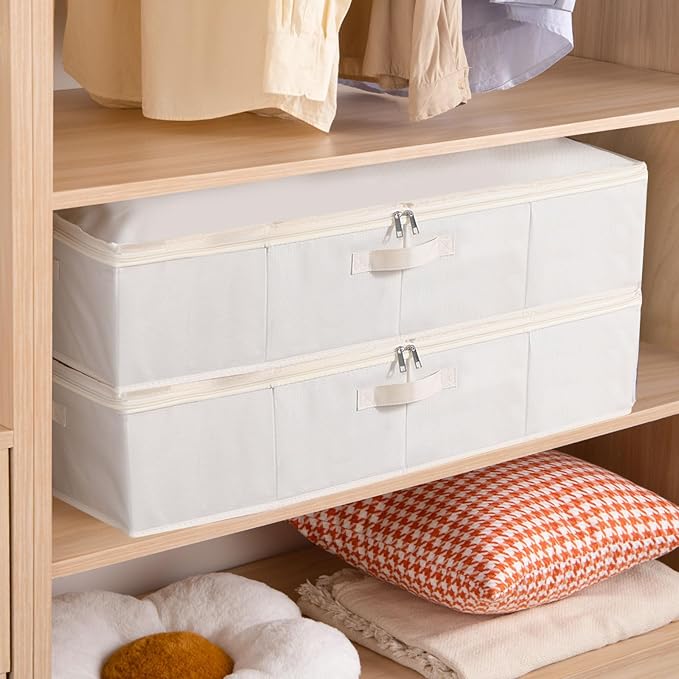 Underbed Storage Organizers,Beige,1 Pack,23.6x11.8x5.9 Inch | Under Bed Storage Container with Lids,Fabric Boxes,Drawer Organizer Bags,Foldable Baskets for Bedroom