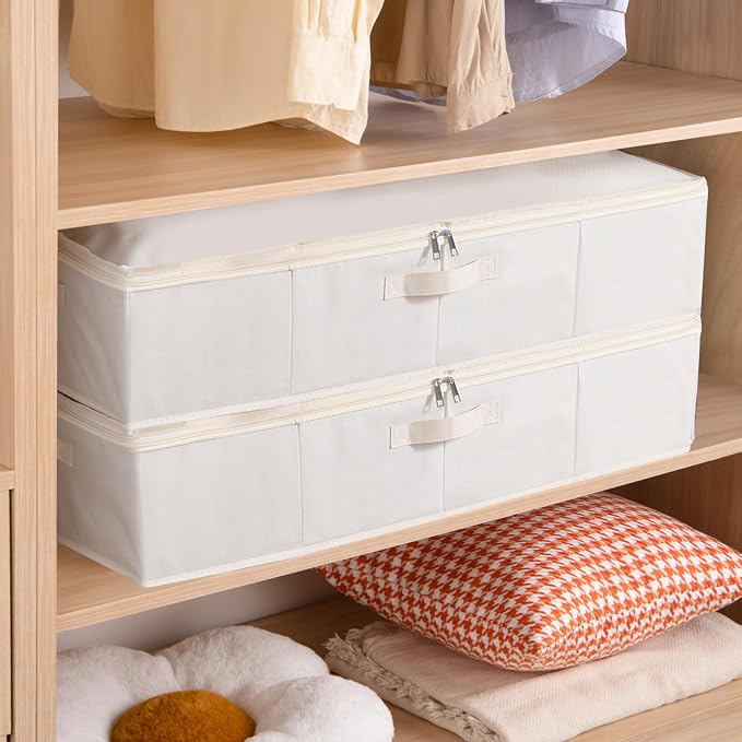 Underbed Storage Organizers,Beige,2 Pack,23.6x11.8x5.9 Inch | Under Bed Storage Container with Lids,Fabric Boxes,Drawer Organizer Bags,Foldable Baskets for Bedroom