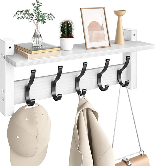 Optish Coat Rack Wall Mount with Shelf, 17.1 Inch Coat Hanger Walls Mounted, Hat Rack for Walls, Shelf with 5 Coat Hooks, Wall Hanger for Entryway (White)