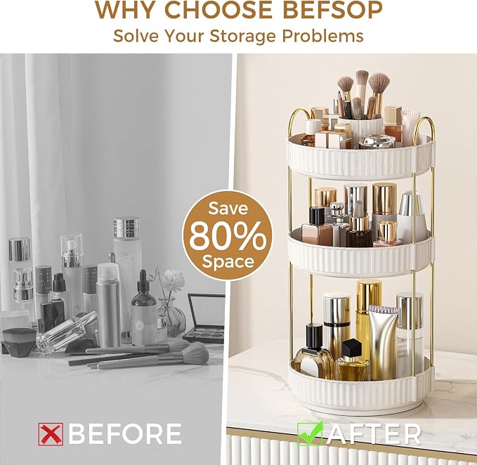360° Rotating Makeup Organizer, Upgraded 3 Tier Skincare Perfume Organizers for Women, Bathroom Organizer Countertop, Clear Cosmetic Dresser Organizer with Makeup Brush Holder, Sink&Counter(White)