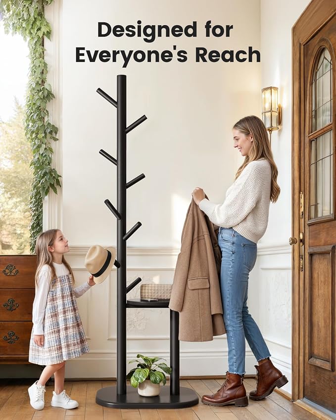 Pipishell Coat Rack, Freestanding Hall Tree with 8 Hooks & Storage Shelf, Solid Wood Base, 66.3″ Tall Coat Rack Stand for Coats, Hats, Bag in Entryway, Bedroom, Living Room, Black, PIFCR11B
