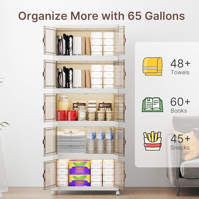 UAMFURI Stackable Storage Bins with Lids, 240QT Lockable Storage Cabinet | Closet Organizers, Foldable Storage Box with Doors and Wheels, Plastic Drawers for Home, Garage, Office (5, White, Medium)