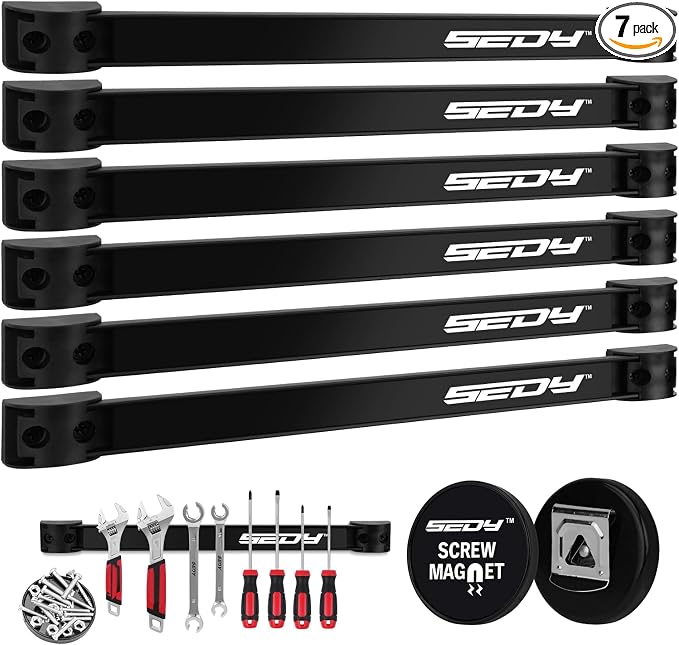 SEDY Magnetic Tool Holder Storage Organizer: 7-Piece Garage Wall Mount Rack Organization Strip Power Magnet Organizers Mounted Workbench Board Slatwall Van Hanger