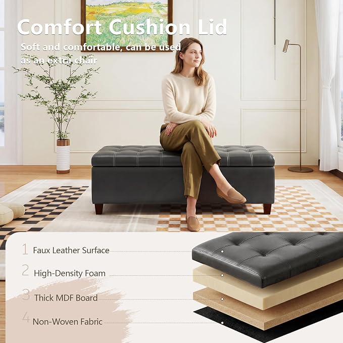 Joveco Storage Ottoman Bench, Tufted Leather 51 Inch Storage Bench for End of Bed Bedroom Living Room (51”, Dark Gray)
