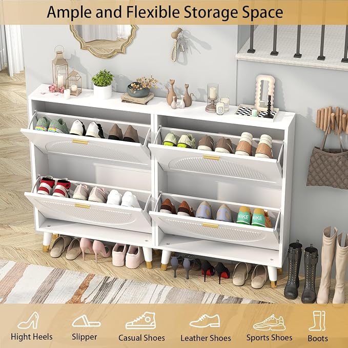 White Shoe Cabinet Storage for Entryway: Modern Hidden Shoe Storage Cabinet, Shoes Rack with 4 Flip Drawers, Wood Small Organizer with Doors (2 Pieces，25")