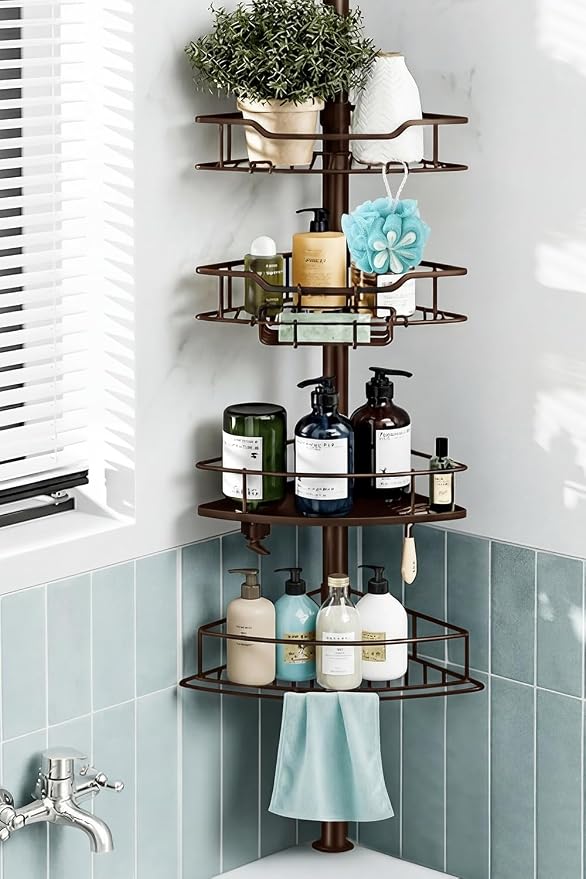 Corner Shower Caddy Tension Pole, 4 Tier Rustproof Shower Tension Rod Organizer, Adjustable 25-125 Inch Bathroom Shower Organizer Shelves for Bathtub Shampoo Storage, Brown