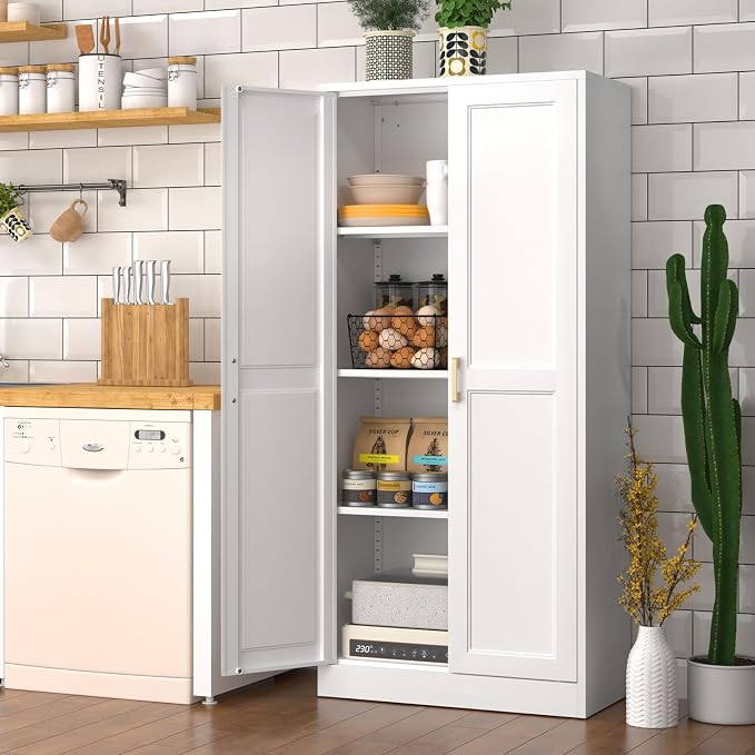 Polup 60" White Metal Kitchen Pantry Storage Cabinet with Doors and Shelves | Freestanding Cupboard, Cold-Rolled Steel, 4-Tier Heavy Duty, Adjustable Shelving, Gold Handles, for Garage Office & Laundry