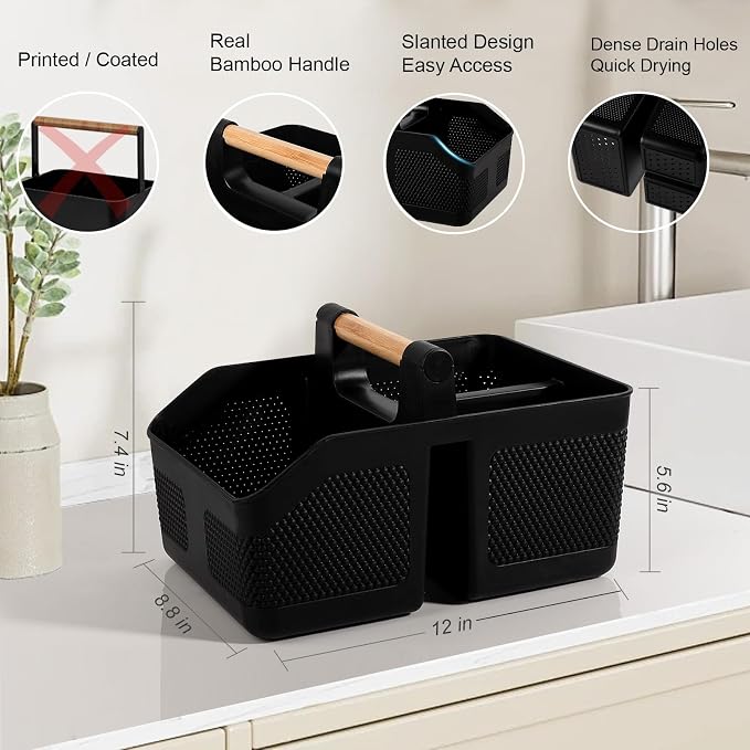 Plastic Shower Caddy Portable Shower Basket with Bamboo Handle, Black | Cleaning Caddy Organizer Storage Tote for Bathroom, College Dorm Essentials, Bath Toy Storage