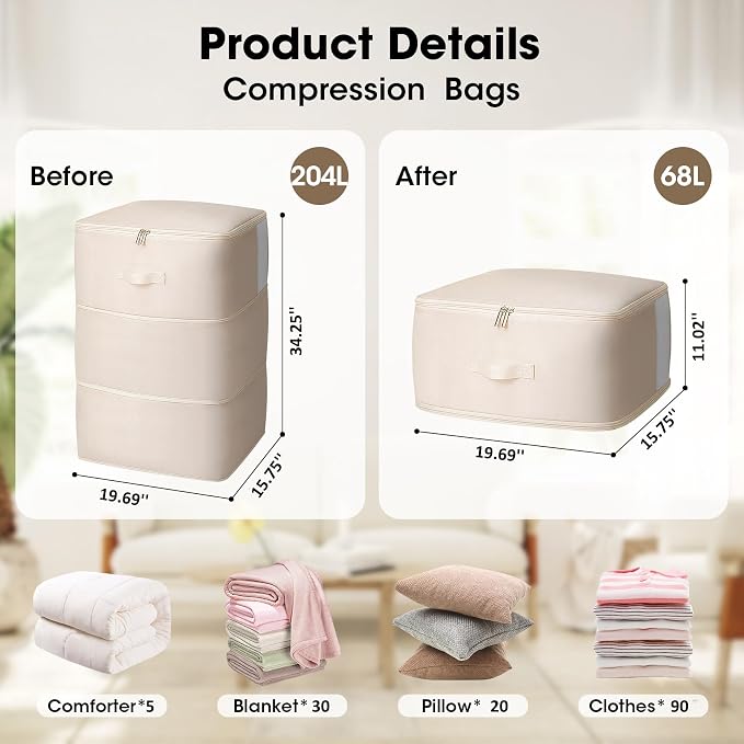 2 Pack Comforter Storage Bag, 204L Blanket Storage Bags Self Compression Comforter Organizer and Storages, Space Saving Washable Compression Bags for Blanket Bedding Pillow Duvet Quilt, Beig