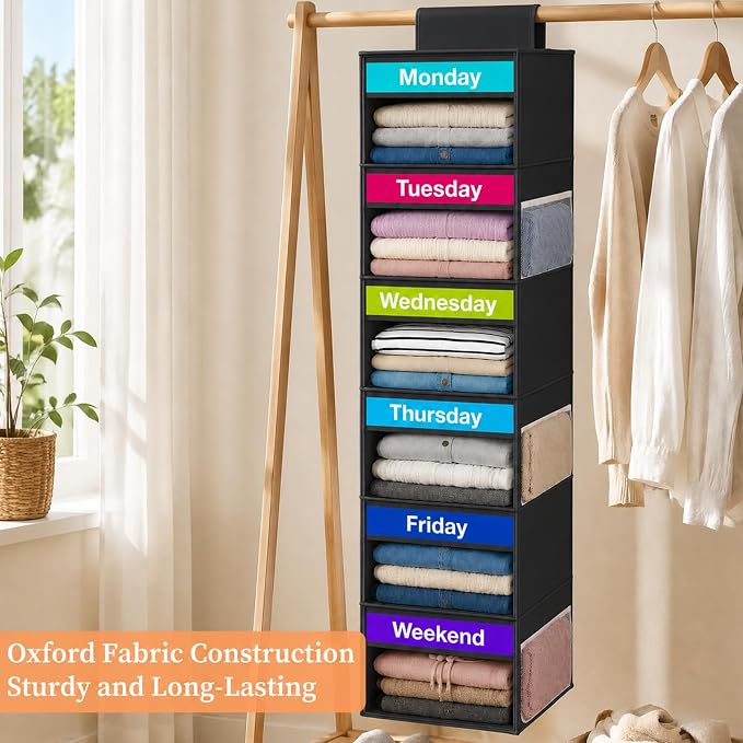 Weekly Clothes Organizer for Closet, 6-Shelf Hanging Closet Organizer with 6 Side Pockets(Black)