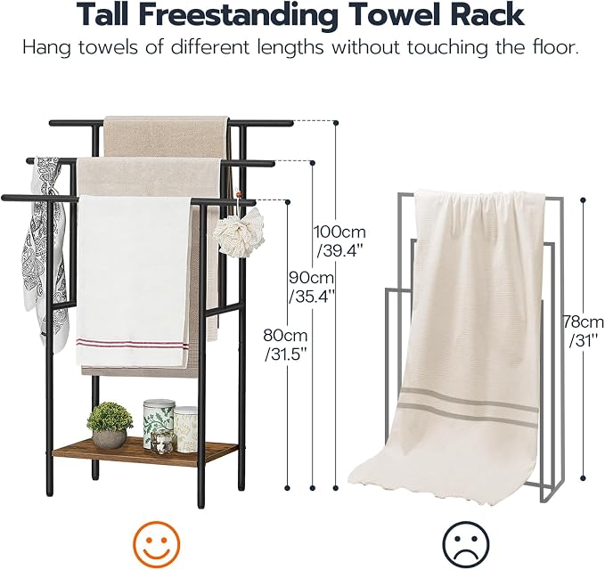 HOOBRO 39.4" Tall Freestanding Towel Rack for Bathroom, 3 Tier Stepped Blanket Rack with Shelf, Oversized Bath Towels Drying and Display Rack, Black and Rustic Brown BF50LB01