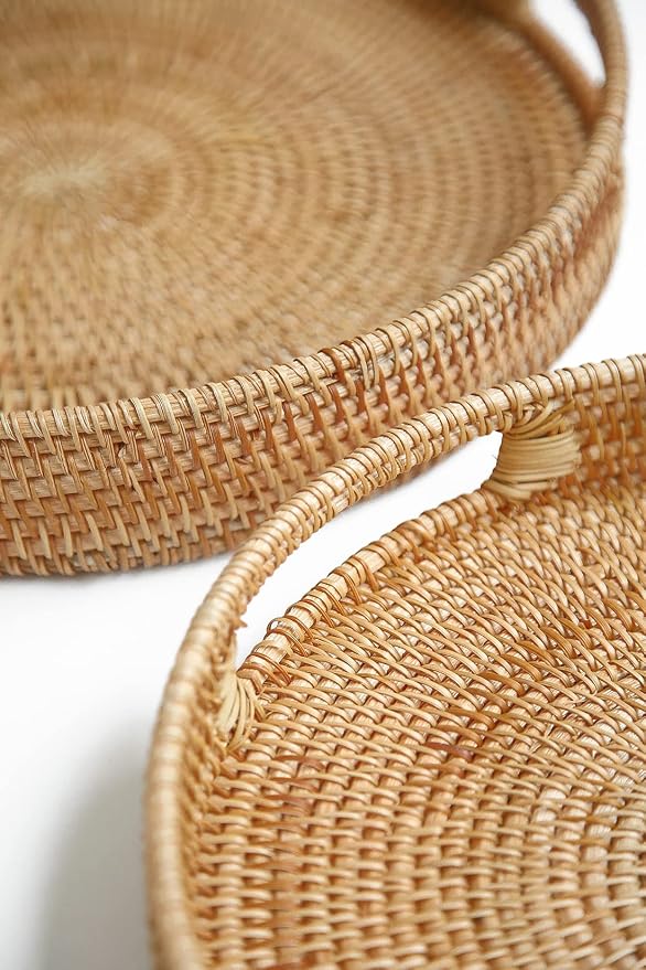 HITOMEN 14.2" Hand-Woven Round Rattan Serving Tray Decorative Ottoman Wicker Platter with Handles for Coffee Table, Breakfast, Drinks, Snack, Bread, Fruit, Vegetables (Natural-L)