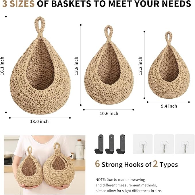 Boho Wall Hanging Fruit Baskets for Kitchen 3 Pack Woven Produce Holder with 6 Pcs Strong Hooks Vegetable Hanging Basket for Organizing Teardrop Home Wall Potato Onion Storage, Linen