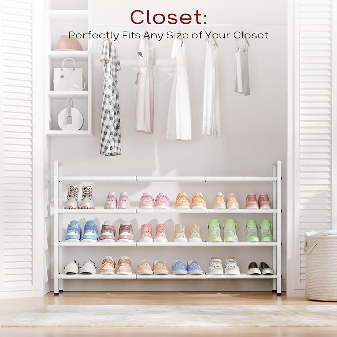 Bumusty 4 Tier Long Expandable Shoe Rack for Closet, White | 18"-44" Adjustable Shoe Rack for Entryway, Shoe Organizer for Dorm, Front Door, Sturdy Metal