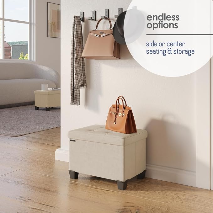 Storage Ottoman Cube with Small Bin, 16-in Square Ottoman with Storage for Living Room and Bedroom, Small Ottomans Foot Rest, Velvet Foot Stools Ottomans Max 330lbs, Beige