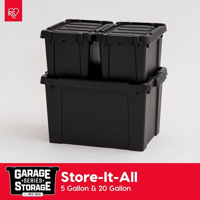 IRIS USA 6-Pack 5 Gal Heavy Duty Lockable Storage Totes with lids, Black | Built for tools, hardware, emergency supplies and small equipment, Stackable design keeps spaces organized