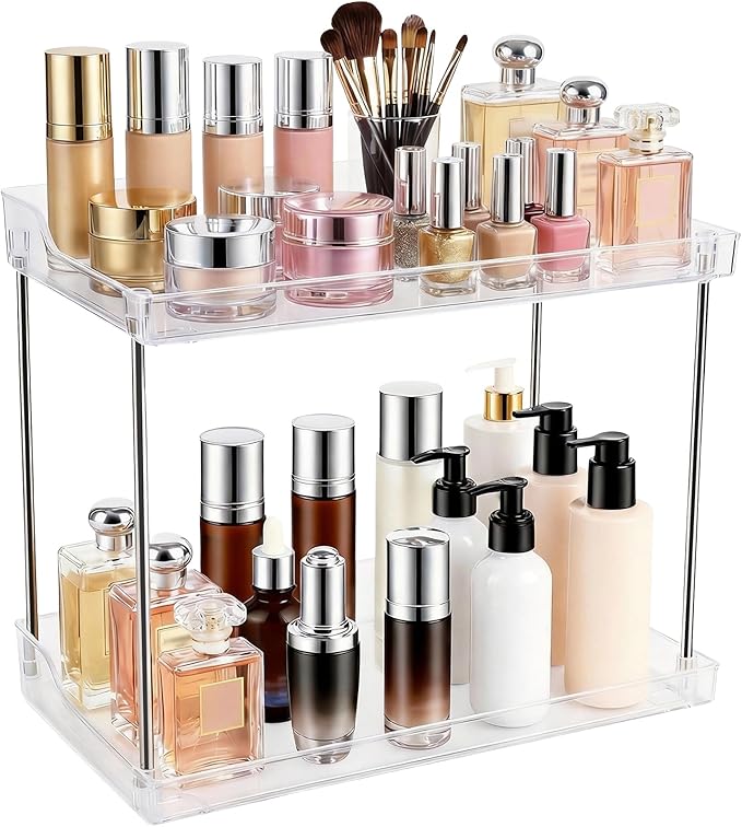2 Tier Bathroom Counter Organizer, Clear Vanity Shelf Organizer for Skincare & Perfume, Non-Slip Bathroom Counter Shelf for Small Spaces, Bathroom Vanity Organizer Countertop (Rectangular)