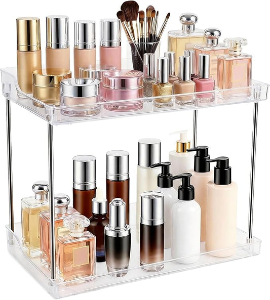 2 Tier Bathroom Counter Organizer, Clear Vanity Shelf Organizer for Skincare & Perfume, Non-Slip Bathroom Counter Shelf for Small Spaces, Bathroom Vanity Organizer Countertop (Rectangular)