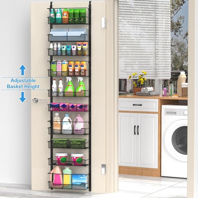 VyGrow Over the Door Pantry Organizer, 10-Tier Over the Door Organizer with Adjustable Basket, Door Organization for Pantry Kitchen Storage Room Spice Rack, Black
