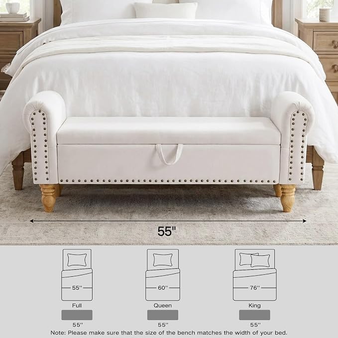 55" Bench for End of Bed Storage Benches, Queen End of Bed Bench Corduroy Upholstered Storage Ottoman Window Bench with Storage, for Bedroom, Entryway, Closet, Off-White
