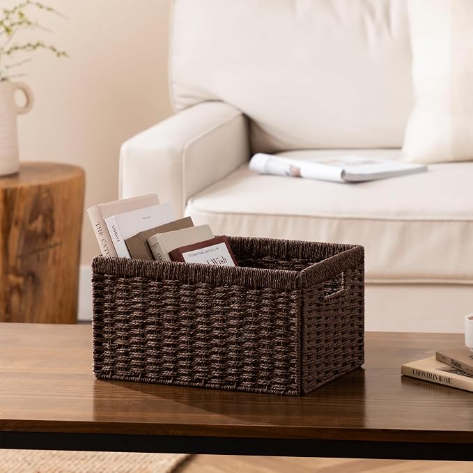 joybest Dark Brown Wicker Baskets for Shelves, Hand-woven Storage Baskets | 13.4L x 8.3W x 7.1H inch for Pantry, Kichen Organizing, Foldable Rectangular Bin with Handles, 4-pack