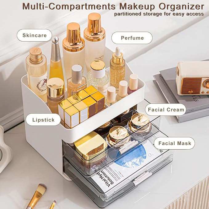 DASITON Makeup Organizer with 2 Drawers, Large Capacity Makeup Cosmetic Organizers for Vanity Dresser Bathroom Countertop, Vanity Organizer Makeup Storage Box for Skincare, Eyeshadow, Lotions (White)