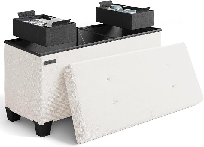 Storage Ottoman Bench with Bins, 30-in Storage Bench for Bedroom End of Bed, Folding Foot Rest Ottoman for Living Room Max 660lbs, Fabric Ottomans, Beige