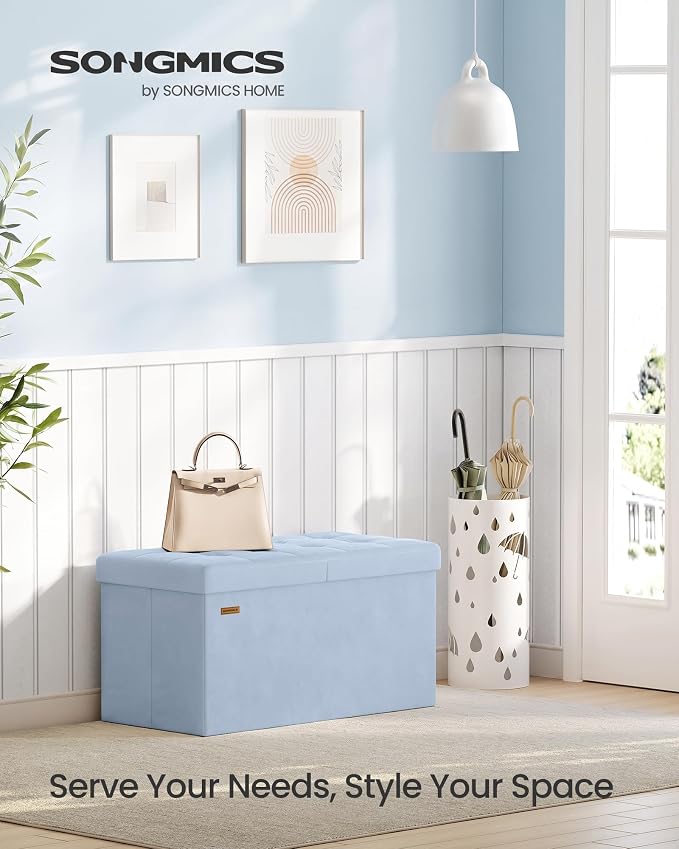 SONGMICS Velvet Storage Ottoman, Folding Storage Bench for Bedroom, Toy Chest, Ottoman Coffee Table, 15 x 29.9 x 15 Inch, Baby Blue, Entryway Shoe Bench, Island Collection ULSF048QQ02