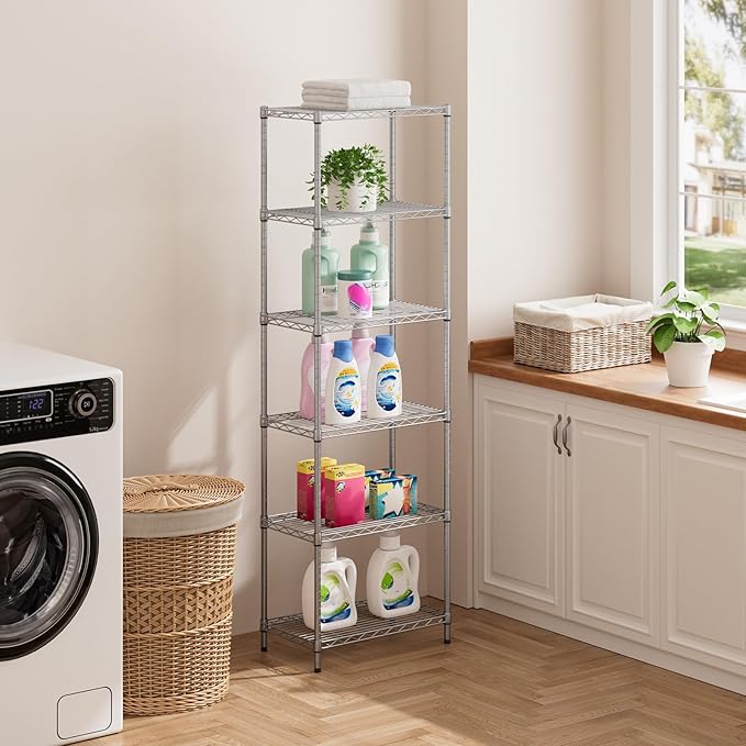 SINGAYE 6 Metal Shelves Wire Shelving Storage Shelf Adjustable Unit Pantry | 6 Tier Kitchen Laundry Room Organization Home Pantry Closet Bathroom Organizers Garage Rack 12" D x 22" W x 69.5" H Gray
