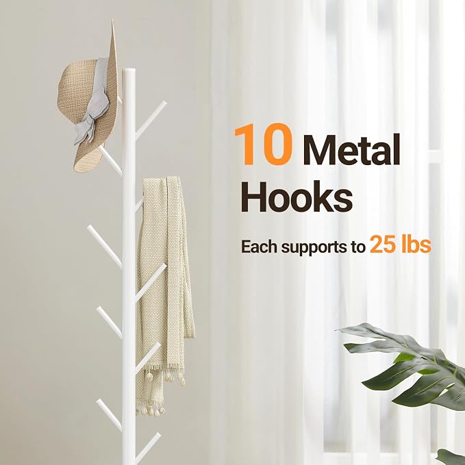 Coat Rack Freestanding, Metal Coat Rack with Natural Marble Base, White | 10 Hooks, 3 Adjustable Heights, Heavy Duty Coat Tree for Bags, Clothes, and Hats for Entryway, Bedroom, Hallway, Office