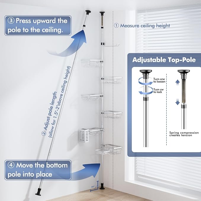 Shower Caddy Corner Tension Pole,Stainless Steel Shelves Bathroom Organizer | Rustproof 6-Tire Shelf, Adjustable 30-120 Inch Storage, Towel Bar & Soap Dish & Toothbrush Holder Rack