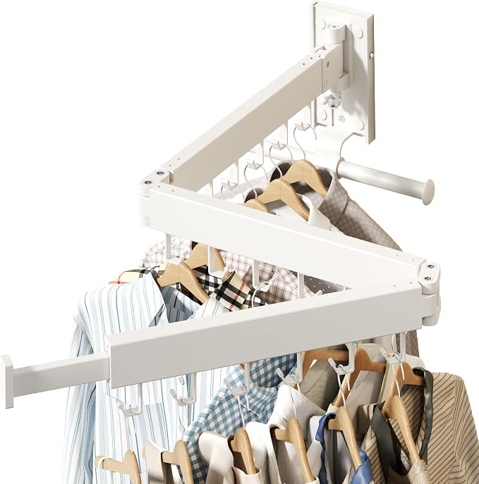 HEILAIYI Wall Mounted Clothes Hanger,Clothes Drying Rack,Laundry Drying Rack,Clothes Rack Wall Mount,Drying Rack Clothing,Retractable,Collapsible,can Fold Upward & Left & Right (Upgrade-White)