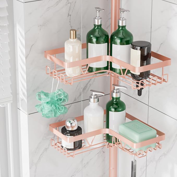DAOYA Corner Shower Caddy Tension Pole - 4‑Tier Adjustable Shower Shelf Organizer Space‑Saving Bathroom Storage for Bathtub or Floor, Apricot